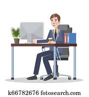 mann sitzen, an, dass, buero, und, arbeitende