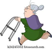 Old woman running with walker Old woman running with walker