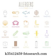 alimento, alergia, vetorial, ícones, jogo