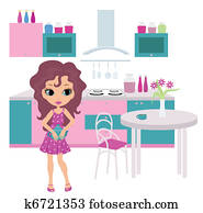 Cartoon girl on kitchen bears a tea