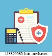 gezondheid verzekering, medische, insurance., klembord, met, medisch document, rekenmachine, pen en, schild, met, cross., platte, design., vector, illustratie