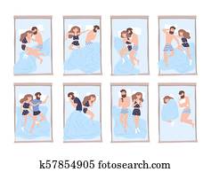 gyűjtés, közül, fiatalember, és, nő, alvás, ágy, alatt, különféle, poses., batyu, közül, csinos, párosít, fekvő, alatt, különböző, elhelyez, közben, éjszaka, rest., lakás, karikatúra, characters., színes, vektor, illustration.