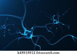 Conceptual illustration of neuron cells with glowing link knots. Synapse and Neuron cells sending electrical chemical signals. Neuron of Interconnected neurons with electrical pulses, 3D rendering Conceptual illustration of neuron cells with glowing link knots. Synapse and Neuron cells sending electrical chemical signals. Neuron of Interconnected neurons with electrical pulses, 3D rendering