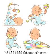 Cute little babies with different toys.