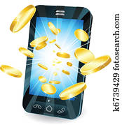 Gold coins flying out of smart mobile phone Gold coins flying out of smart mobile phone