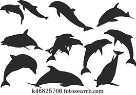 golfinho, silueta, vetorial, ilustração