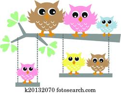 a colorful owl family