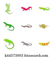 Amphibian reptile species icons set, cartoon style Amphibian reptile species icons set, cartoon style