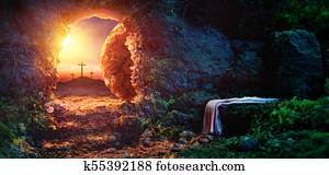 crucificação, em, amanhecer, -, vazio, túmulo, com, mortalha, -, ressurreição, de, jesus cristo