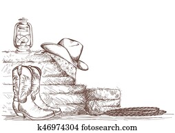 hand draw cowboy background with western boots and west hat in ranch. hand draw cowboy background with western boots and west hat in ranch.