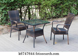 Gartenmöbel, -, rattan, stühle, und, tisch, unter, schirmchen, auf, a