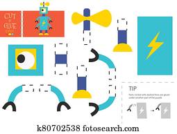 schneiden, und, klebstoff, papier, spielzeug, vektor, illustration., roboter, zeichen, schere, schneiden, modell schneiden, und, klebstoff, papier, spielzeug, vektor, illustration., roboter, zeichen, schere, schneiden, modell