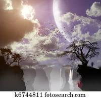 three-dimensional nature, forest, waterfall, lake, in the evening three-dimensional nature, forest, waterfall, lake, in the evening