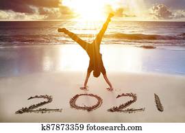 איש צעיר, האנדסטאנד, ב, ה, beach.happy, ראש שנה, 2021, מושג