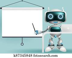 רובוט, אופי, הצגה, וקטור, רקע, design., רובוטי, 3d, אופי, להציג, ריק, לבן, מסך של מטול, עלה, יסוד, ל, טכנולוגיה מודרנית, סייבורג, design.