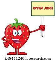Happy Strawberry Fruit Cartoon Mascot Character Holding A Sign With Text Fresh Juice Happy Strawberry Fruit Cartoon Mascot Character Holding A Sign With Text Fresh Juice