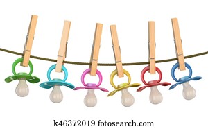 Row of babies pacifiers on rope with pins, 3D rendering Row of babies pacifiers on rope with pins, 3D rendering
