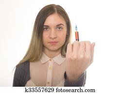 a, social, problem., jovem, mulher triste, segurando uma seringa, para, uso droga