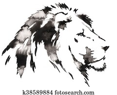 black and white monochrome painting with water and ink draw lion illustration black and white monochrome painting with water and ink draw lion illustration