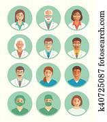 Doctors and medical workers flat simple avatars