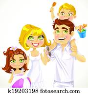 familia, con, niños, listo, para, un, día feriado de playa, en, un, fondo blanco