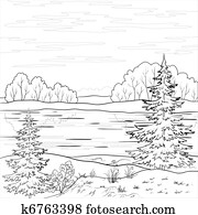 Landscape. Forest river, outline Landscape. Forest river, outline