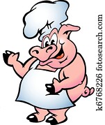 porca, cozinheiro, desgastar, avental