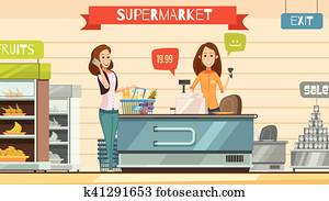 Supermarket Cashier at Register Retro Cartoon Poster Supermarket Cashier at Register Retro Cartoon Poster