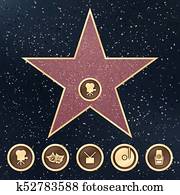 Walk of fame star granite sign on sidewalk with Hollywood Film Academy categories vector icons Walk of fame star granite sign on sidewalk with Hollywood Film Academy categories vector icons