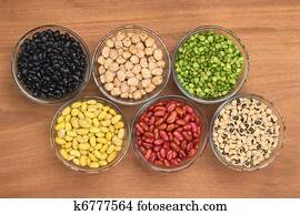 A variety of legumes (black beans, chickpeas, slit peas, canary beans, kidney beans and black-eyed peas) in glass bowl photographed on wood from above 