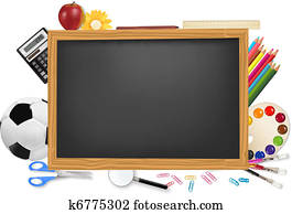 Black desk with school supplies. 