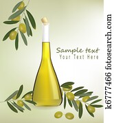 Bottle of olive oil with olives Bottle of olive oil with olives