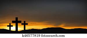 cruces, en, el, colina, encima, ocaso, fondo., religioso, concepto, de, crucifixión