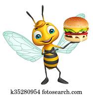 fun Bee cartoon character with burger fun Bee cartoon character with burger