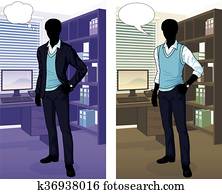 geschäftsmann, silhouette, in, büro- innere