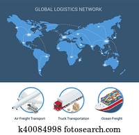 globalny, logisty, sieć, płaski, 3d, isometric, wektor, ilustracja, komplet, od, powietrze ładunek, trucking, sztacheta, przewóz, morski, okrętowy, on-time, doręczenie, pojazd, projektowany, żeby nanieść, wielki, takty muzyczne