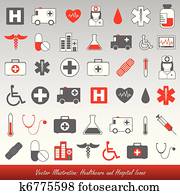 hospitalar, e, cuidados de saúde, ícones