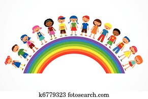 regenbogen, mit, kids,, buntes, vektor, abbildung regenbogen, mit, kids,, buntes, vektor, abbildung