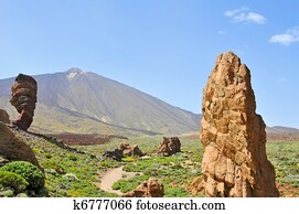 Roques de Garcia, with volcano in the background, in Teide National Park, Tenerife, Canary Islands, Spain