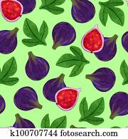 Violet fig fruit watercolor seamless pattern. Exotic ripe purple fig with leaves