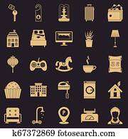 casa pequena, para, descanso, ícones, jogo, simples, estilo