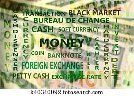 esencial, financiero, término, fondo, con, dólares, billete de banco, tarjeta, fondo.