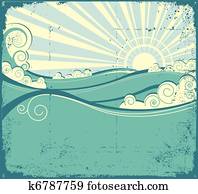 Sea waves. Vintage illustration of sea landscape Sea waves. Vintage illustration of sea landscape