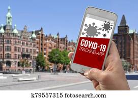 Smartphone with tracking app and covid-19 corona virus Smartphone with tracking app and covid-19 corona virus