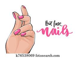 וקטור, אישה יפה, ידיים, עם, ורוד, מסמר, polish., האנדוורוט, לאטארינג, על, nails.