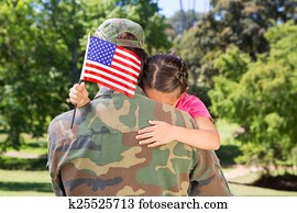 americano, soldado, reunida, com, filha