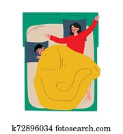 Couple Sleeping in Bed, Husband and Wife Slumbering at Nigh, View From Above Vector Illustration