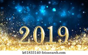 feliz ano novo, 2019, -, brilhar, dourado, pó
