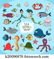 jogo, de, hand-drawn, caricatura, vida mar