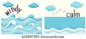 oposta, adjectives, com, ventoso, e, pacata